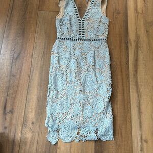 Love X Design Midi Dress Womens Medium Blue Sleeveless Lace Lattice Sheath